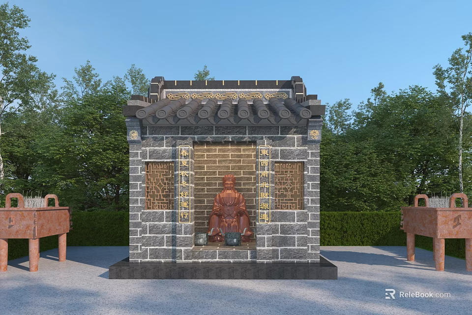 Traditional Chinese Shrine With Black Tiled Roof Gray Brick Walls And Golden Buddha Statue 3d model 