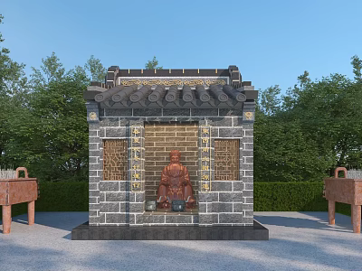 Traditional Chinese Shrine With Black Tiled Roof Gray Brick Walls And Golden Buddha Statue 3d model