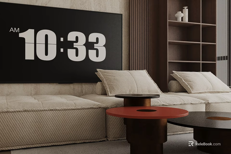 Beige Three Seater Sofa With Cushions Red Round Side Table Black Coffee Table Wooden Shelf 3d model 