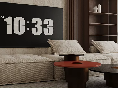 Beige Three Seater Sofa With Cushions Red Round Side Table Black Coffee Table Wooden Shelf 3d model