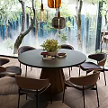 Round Dining Table Set with Six Chairs Wooden Base Green Plant Decor Forest View Background