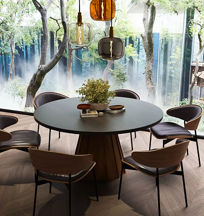 Round Dining Table Set with Six Chairs Wooden Base Green Plant Decor Forest View Background 3d model