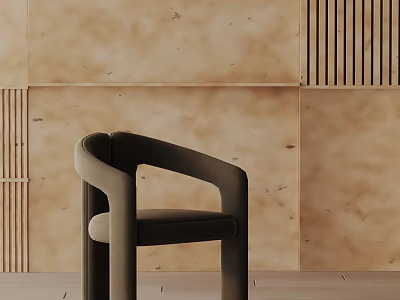 Modern Dining Chair With Curved Armrest Upholstered Seat Against Textured Beige Wall And Wooden Floor 3d model
