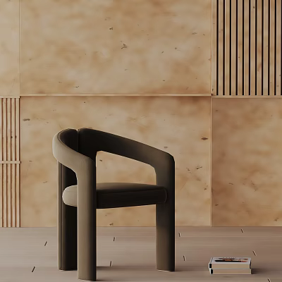 Modern Dining Chair With Curved Armrest Upholstered Seat Against Textured Beige Wall And Wooden Floor 3d model