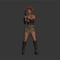 Stylish Woman With Curly Hair Wearing Leopard Print Mini Dress Black Gloves Knee High Boots