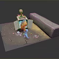 Pink Hat Figure By Open Refrigerator With Orange Flame And Blue Dinosaur Near Ice Cubes