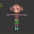 Cartoon Monkey Character 3D Model With Big Eyes Brown Body Black Shorts And Outstretched Arms