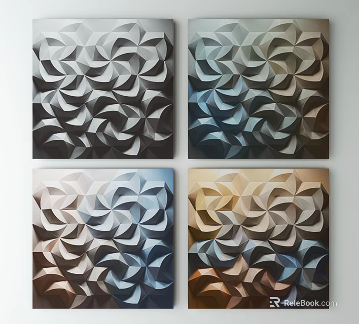 Four Panel Abstract Geometric Spiral Pattern Wall Art In Colorful Tones 3d model