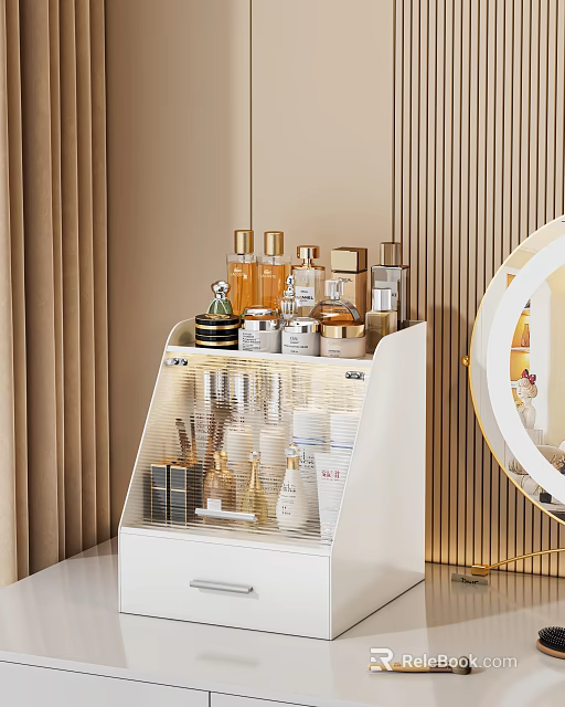 White Multi Tier Cosmetic Organizer Shelf With Makeup Products And Round Mirror 3d model 