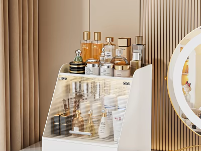 White Multi Tier Cosmetic Organizer Shelf With Makeup Products And Round Mirror 3d model