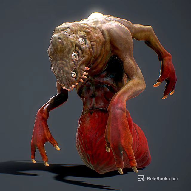 Mutant Monster Creature 3D Model With Multiple Eyes Sharp Teeth And Red Body 3d model