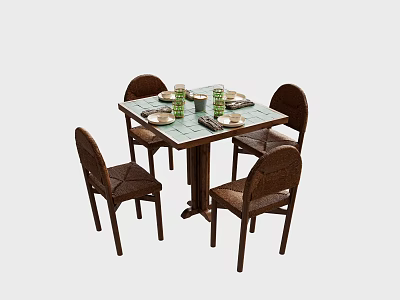 Classic Wooden Dining Table And Chairs Set With Plates Glasses And Cutlery 3d model