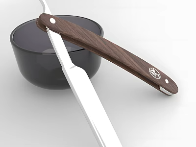 Black Bowl With Wooden Handle Straight Razor And Silver Blade On White Background 3d model