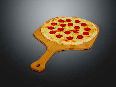 Freshly Baked Pepperoni Pizza On Wooden Paddle With Golden Crust And Melted Cheese 3d model
