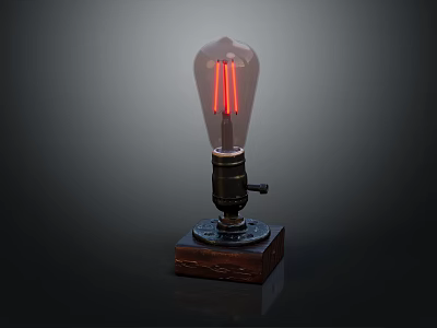 Vintage Edison Bulb Table Lamp With Red Filament And Wooden Base 3d model