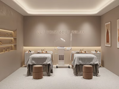 SPA Studio Interior For Beauty Relax With Massage Beds And Wall Shelves 3d model
