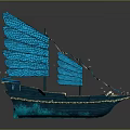 Traditional Blue Decorative Boat With Multiple Blue Sails And Gold Accents
