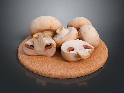 Fresh Mushrooms Whole and Sliced Displayed on a Cork Cutting Board 3d model