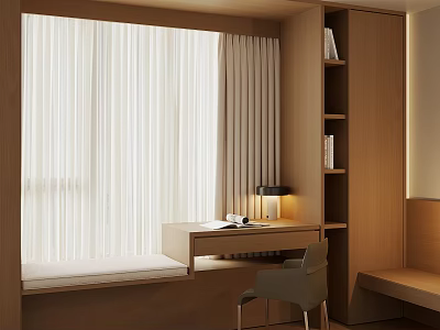 Modern Room Interior Featuring Bay Window Cabinet With Window Seat Light Curtains And Bookshelf 3d model