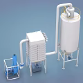 Industrial Equipment Setup With White Tower Yellow Ladder Multi Layer Unit And Blue Pump