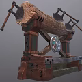 Wooden Log on Stone Stand with Hanging Axes and Colorful Decorative Accents