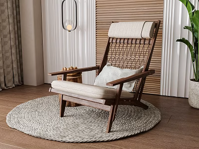 Wooden Frame Woven Backrest Light Cushion Indoor Lounge Chair with Round Rug and Green Plant 3d model