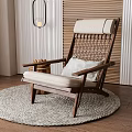 Wooden Frame Woven Backrest Light Cushion Indoor Lounge Chair with Round Rug and Green Plant