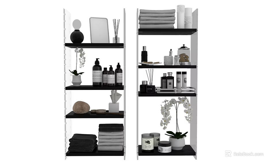 Organized Bathroom Accessories Shelves With Towels Toiletries Decorative Bottles And Plants 3d model 