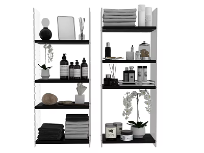 Organized Bathroom Accessories Shelves With Towels Toiletries Decorative Bottles And Plants 3d model