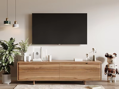 Wooden TV Stand With Wall Mounted TV Pendant Lights Potted Plants And Decorative Items 3d model