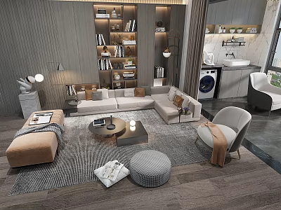 Modern Living Room Sofa Coffee Table Set With Pillows Rug And Bookshelf Decor 3d model