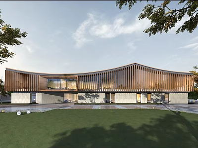 Modern Curved Sales Office Building With Wooden Facade And Green Lawn Surrounded By Trees 3d model