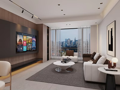 Modern Stylish Living And Dining Room With Cozy Sofas Large TV And Panoramic City View 3d model