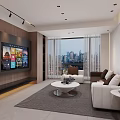 Modern Stylish Living And Dining Room With Cozy Sofas Large TV And Panoramic City View