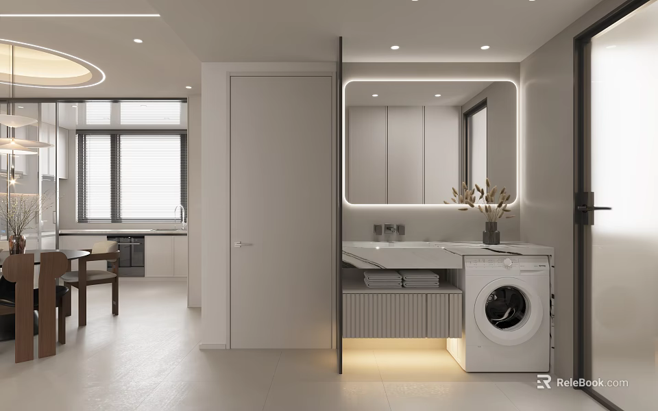 Modern Minimalist Bathroom Interior With Large Mirror Vanity Sink Washing Machine And Storage Cabinets 3d model 