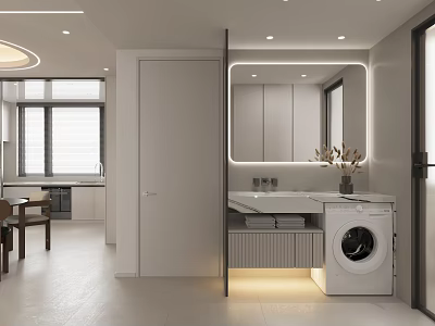 Modern Minimalist Bathroom Interior With Large Mirror Vanity Sink Washing Machine And Storage Cabinets 3d model