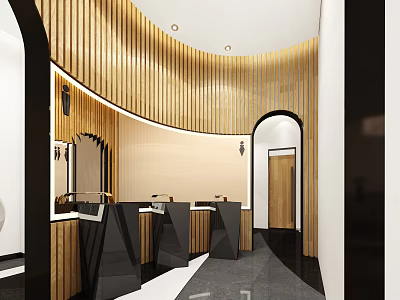Modern Public Restroom Interior Design With Curved Wooden Walls Black Sinks And Lighting 3d model