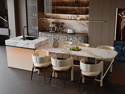 Modern Kitchen Interior With Marble Island Sink Faucet And Chairs 3d model