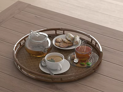 Wooden Tray Tea Set With Glass Teapot Teacup And Cookies On Table 3d model