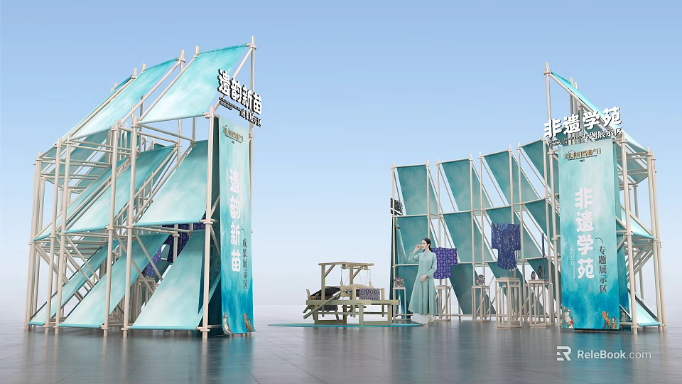 Art Installation Featuring Blue Geometric Structures Staircases And Hanging Panels In Modern Space 3d model 