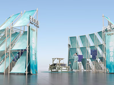 Art Installation Featuring Blue Geometric Structures Staircases And Hanging Panels In Modern Space 3d model