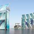 Art Installation Featuring Blue Geometric Structures Staircases And Hanging Panels In Modern Space