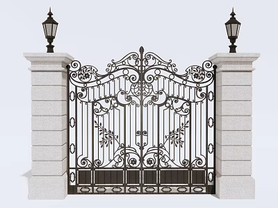 Ornate Iron Gate with White Pillars and Black Lanterns Classic Decorative Design 3d model