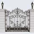 Ornate Iron Gate with White Pillars and Black Lanterns Classic Decorative Design