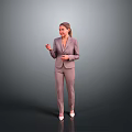 Business Woman in Formal Suit Standing and Gesturing on Neutral Background