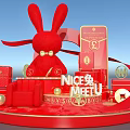 Festive Red Rabbit Display with Gift Boxes and Golden Decorations on Circular Platform 3d model