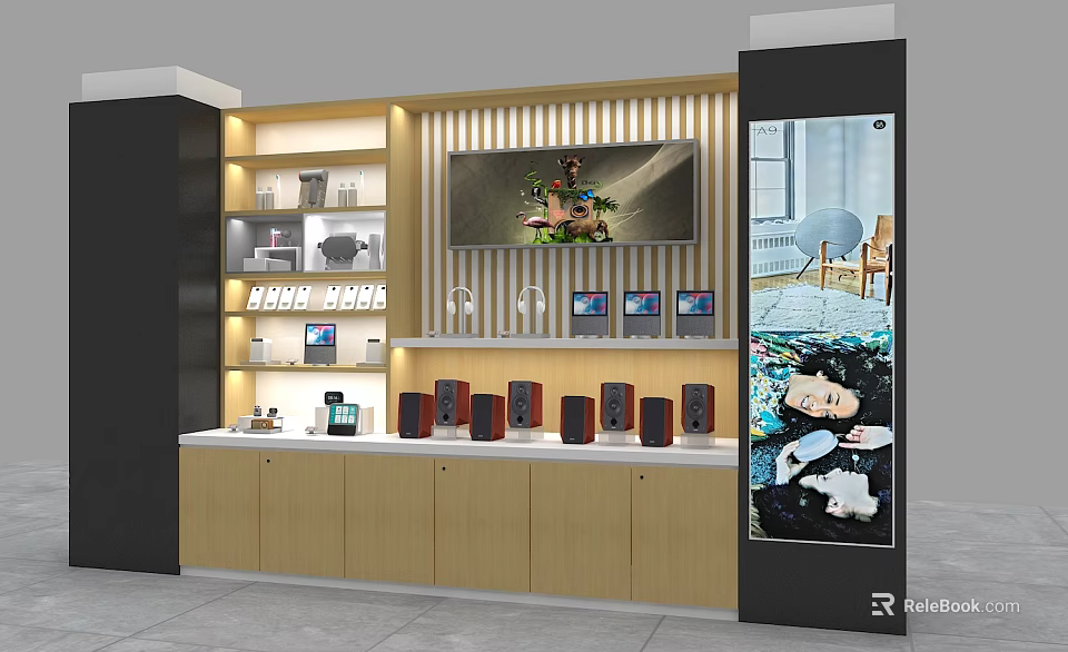 Modern Display Shelves With Speakers Electronic Products And Wooden Cabinets Lighting 3d model 