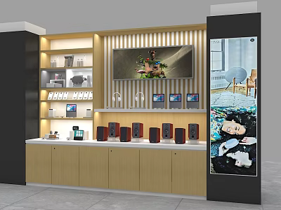 Modern Display Shelves With Speakers Electronic Products And Wooden Cabinets Lighting 3d model