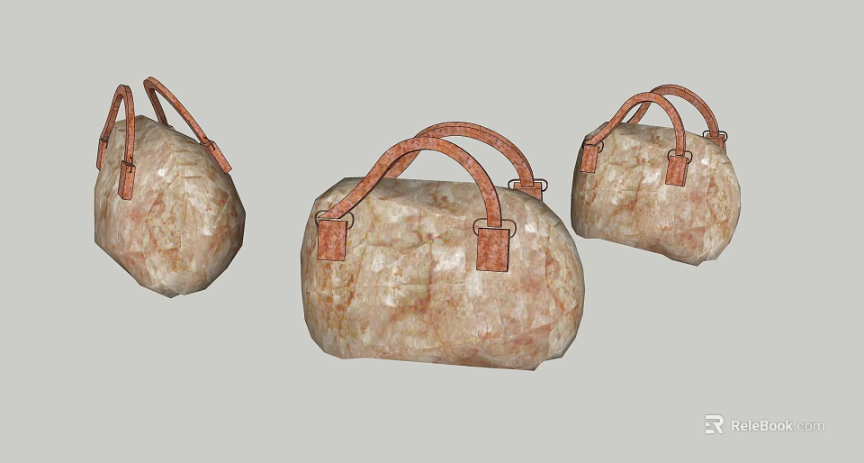 Stone Textured Handbags With Brown Leather Handles Light Beige Fashionable Design 3d model 