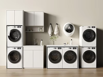 Modern Stacked Washing Machines In Laundry Room With White Cabinets And Towels 3d model